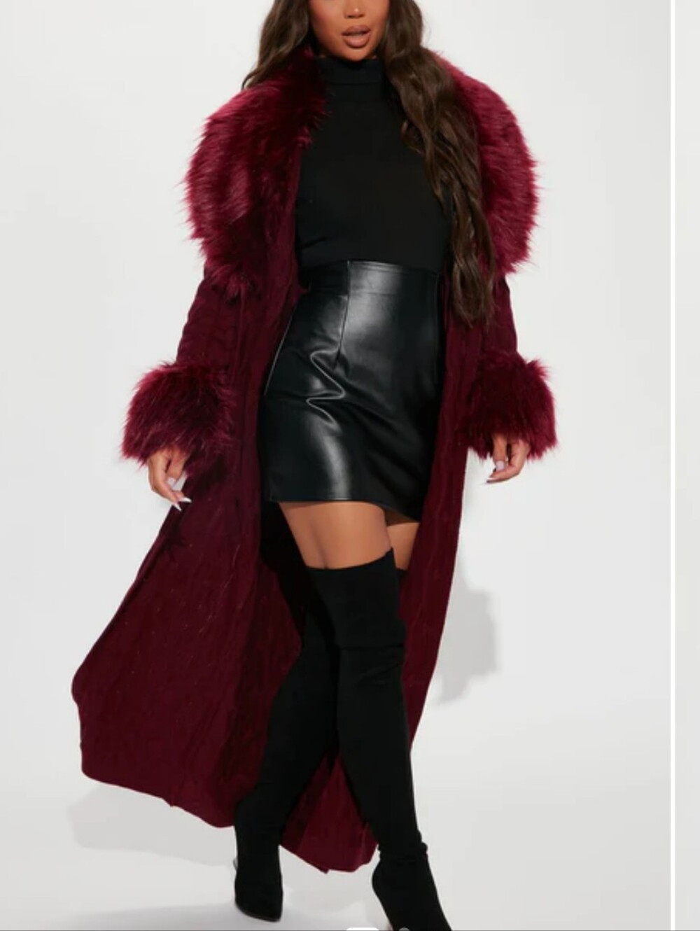 Fashion Nova Burgundy Faux Fur Trim Cable Knit Cardigan